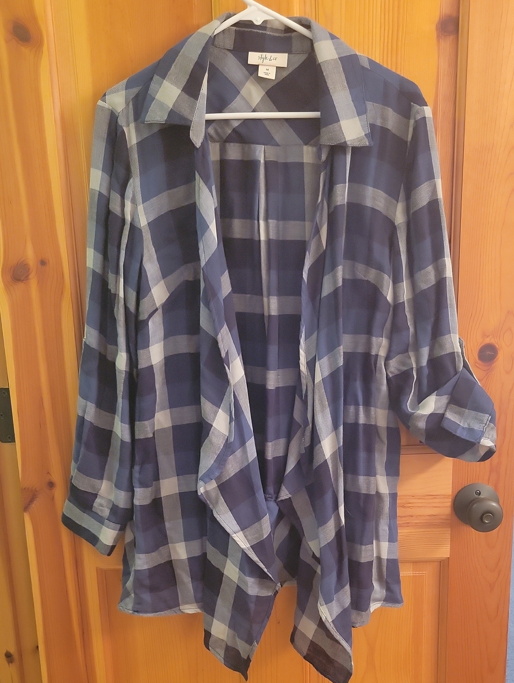 Style & Co. Navy and Light Blue Plaid Draped Jean Jacket